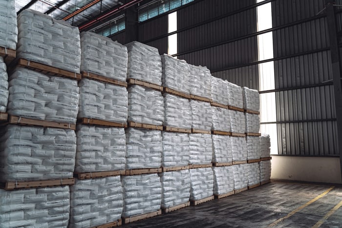 Stacked palletised goods in a warehouse