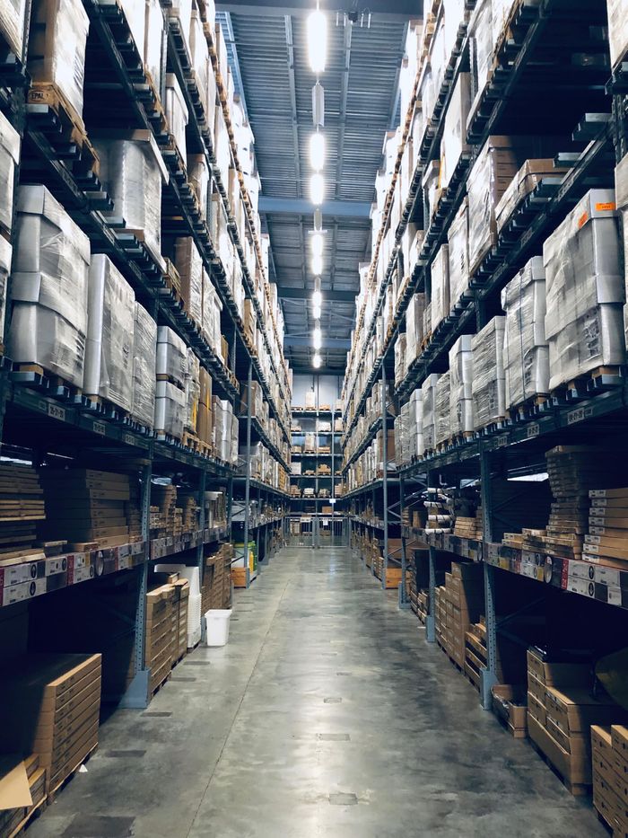Warehouse aisle with boxed goods